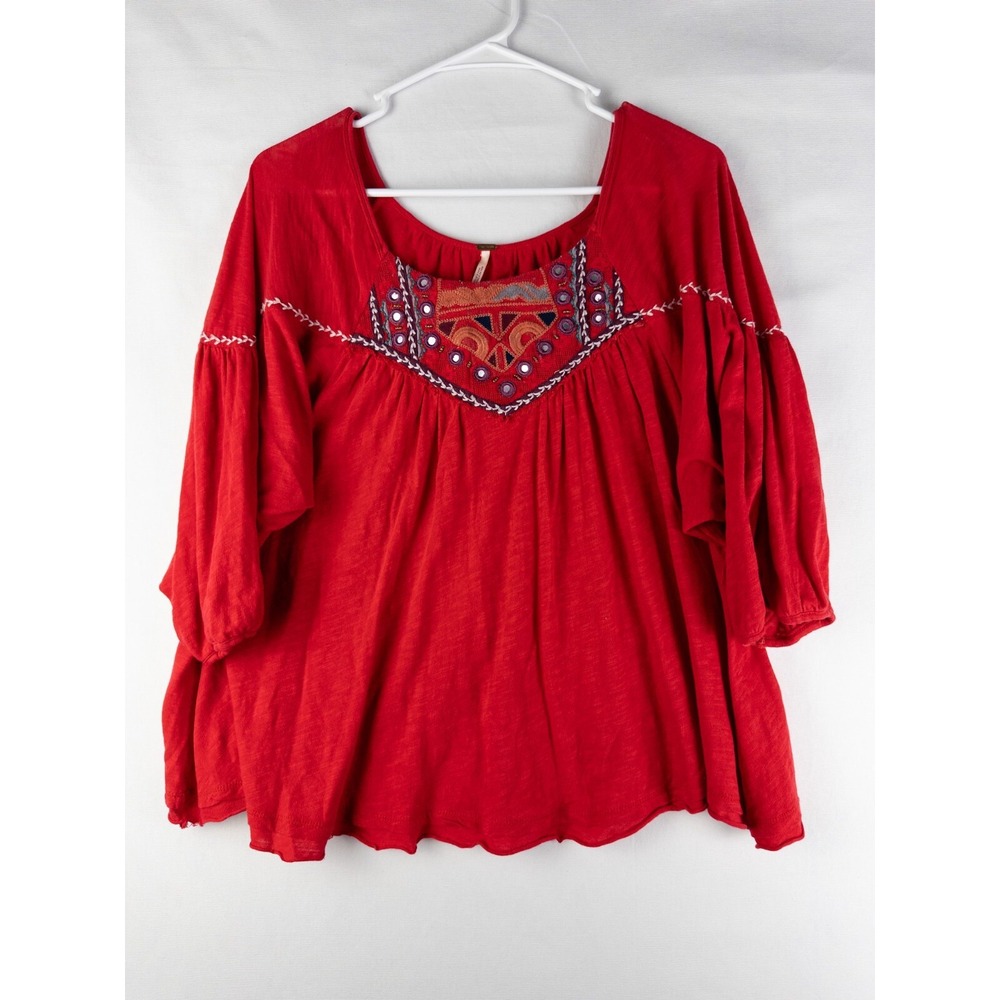 Free People Blouse Womens SP Red Boho Tunic Nylon Blend Half Sleeve‎